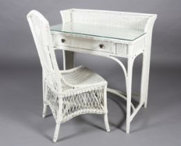 A white basket weave desk having a short raised back above a drawer to the apron on rounded