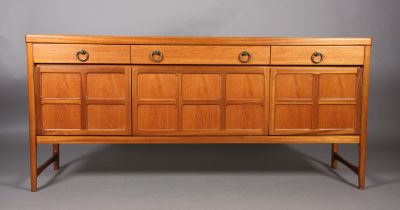 Nathan, a teak sideboard, 1970s, having three drawers across with gilt metal ring handles above a