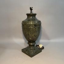 A granite urn-shaped table lamp on socle and square base, 54cm high