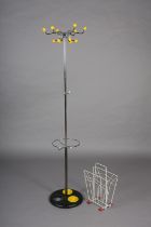 A 1960s polished steel, yellow and black plastic hat and coat stand together with a white wire