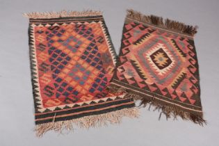 Two small Middle Eastern kilims of lozenge design in madder, camel and brown and coral, turquoise,