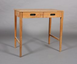 A pale oak side table, having two frieze drawers with black lined finger grip handles, on square