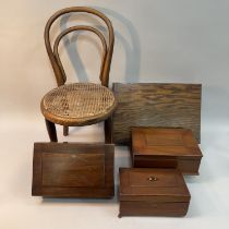 A child's bentwood and cane chair together with two oak boxes and two mahogany boxes