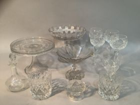 A Victorian moulded glass comport and tazza, a cut glass fluted bon-bon dish, oil bottle, glass