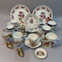 A collection of shaving and moustache cups, royal commemorative ware and ribbon plates