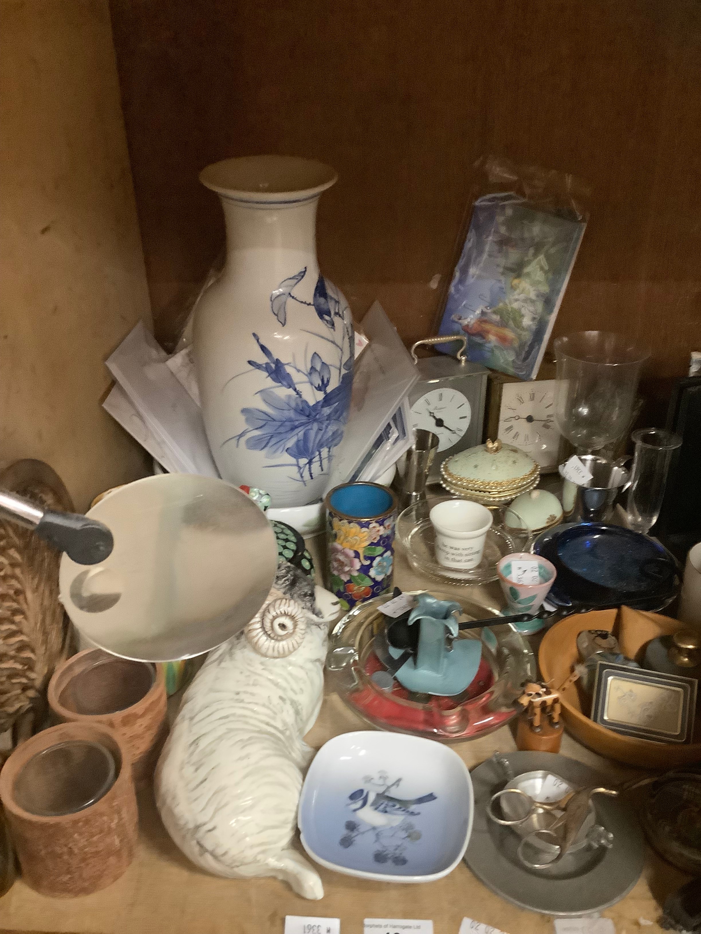 A Chinese blue and white painted vase, 2 carriage clocks, Royal Copenhagen dish painted with blue