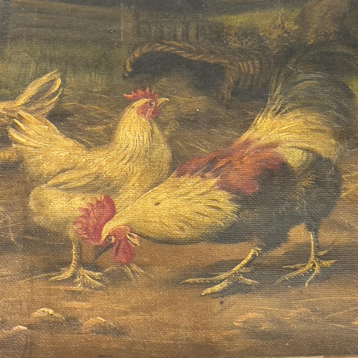 Cockerel and hens, oil on canvas unsigned, 19cm x 24.5cm, together with a 19th Century hand tinted - Image 2 of 2