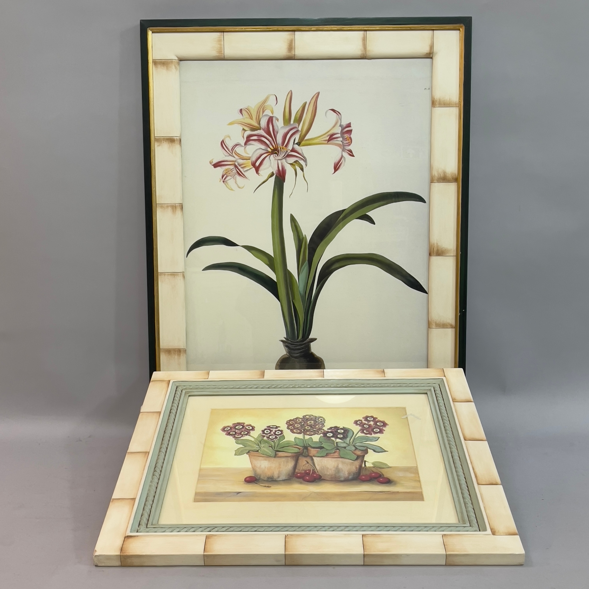 Two decorative botanical still life colour prints of primula in terracotta pots and of amaryllis