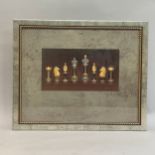 Chess pieces, colour print after J. Wiens, pewter coloured frame, 46cm x 56cm with frame