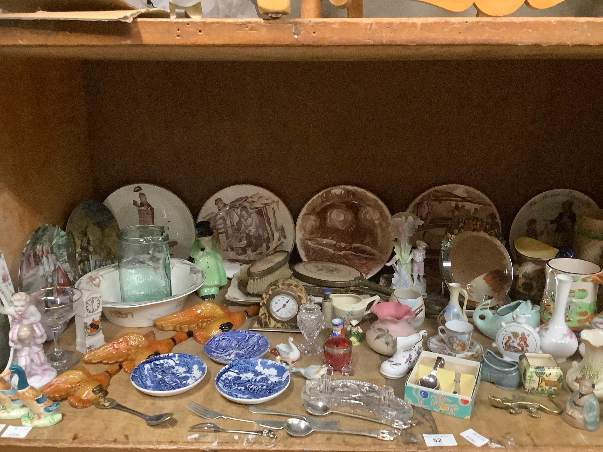 A quantity of commemorative plates, 19th century and later ceramics, gilt dressing table set, blue