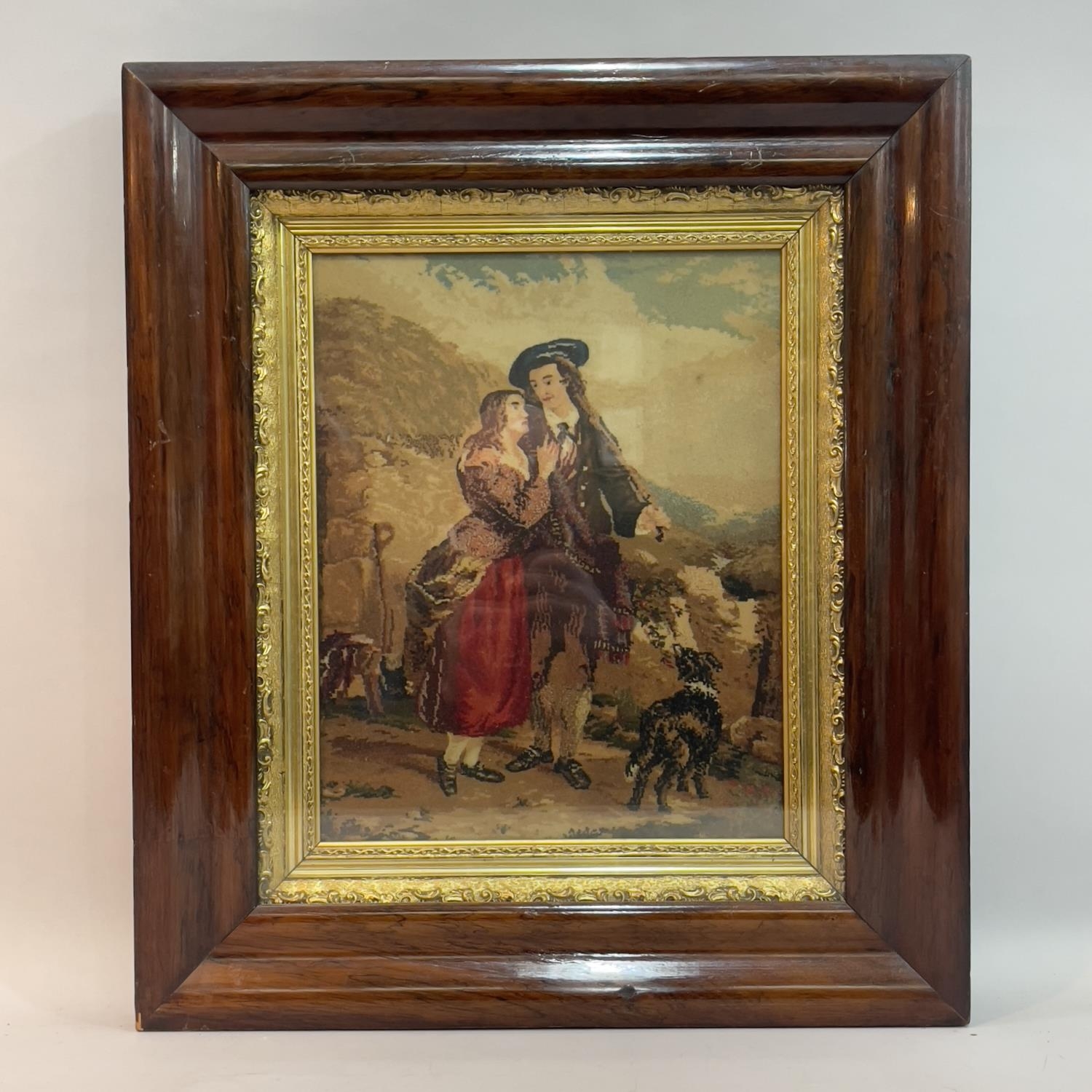 A Crossley mosaic panel depicting Robbie Burns and Highland Mary within a gilt slip and rosewood