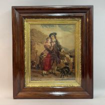 A Crossley mosaic panel depicting Robbie Burns and Highland Mary within a gilt slip and rosewood