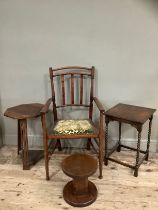 A mahogany open armchair with upholstered seat, an oak stool, a side table on bobbin legs and an