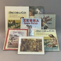 A collection of 6 reproductions of vintage adverts including Zebra grate polish, Jacobs and Co,