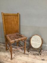 A beech rush seated chair with a Vee Cee Bee trouser press to back and a toilet mirror