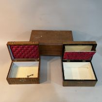 Two satinwood inlaid box work boxes, one inlaid with mother of pearl and abalone, a mahogany writing