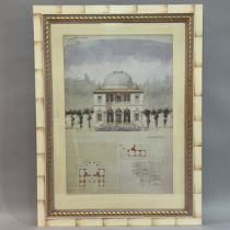 Decorative French architectural study, colour print, cream and gilt frame, 105cm x 80cm with frame