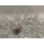 A Caithness amethyst glass bowl on foot,cut glass vases, trifle bowls, and other glassware