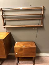 Wall mounted Ercol plate rack 97cm and a mid century drop leaf side table,