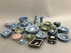 A collection of Wedgwood Jasper ware, including a black trinket box and lozenge shaped pin dish, a
