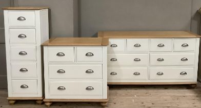 A beech bedroom suite painted off white, with a bank of four short above four long drawers together