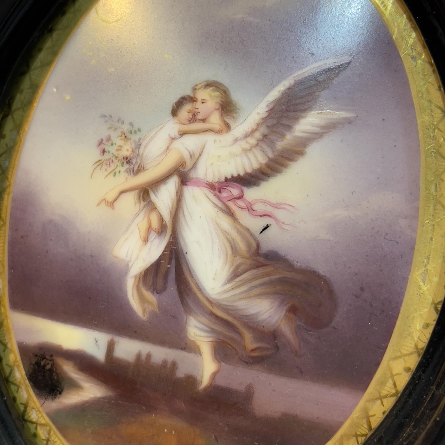 A printed and painted portrait miniature of an angel and child and ebonised frame, overall 14.5cm - Bild 2 aus 2