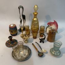 A glass gilt decorated drinking set with decanter and stopper and nine glasses, other glasses, a