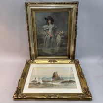 Coastal landscape with rowing boat and a fishing boat, watercolour, indistinctly signed to the lower