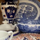 A Spode Italianate blue and white bowl, willow pattern meat dish, chinoiserie tureen, cow creamer,