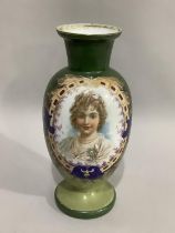 A late 19th century white glass vase, the ovoid body printed and painted with a head and shoulders