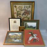 A quantity of needlework, prints, paintings and frames
