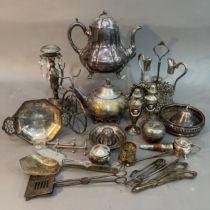 Two silver plated brass tea pots, plated coasters, grape scissors, Art Nouveau style cruet, sugar
