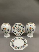 A pair of white marble pietra dura vases, the ovoid body inlaid with lapis lazuli, malachite and