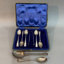 Five silver teaspoons and sugar tongs, boxed, together with two Victorian silver spoons, total