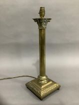 A brass Corinthian column table lamp on stepped square base, 52cm high