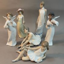 Six Nao figures, two angels a girl with a hat, a woman in a ball gown and two ballerinas