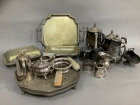 A collection of silver plate comprising a galleried and etched tray on feet, coffee pot, teapot,