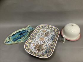 A Blakeney cream and pink cheese bell and cover 20cm high, a Portugese faience plate brightly