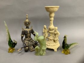 A Chinese onyx carved heron, two Murano pheasants, a continental resin candle holder formed as a