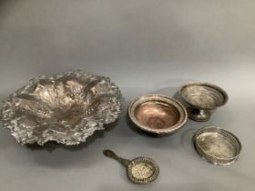 A silver plate on copper fruit dish moulded with vine leaves and grapes 35cm diameter on single