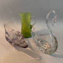 Mid 20th century glass including a pale amethyst glass vase, 36cm wide x 10.5cm high, a clear