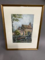 J West, Riverside cottage with figure and moored rowing boats, watercolour, signed to lower right,