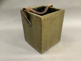 Brass bound rectangular box with leather strap, 30cm high