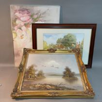 H. Carrez, Mallard flying over a lake, oil on canvas in gilt frame, signed to lower right 49.5cm x