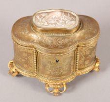 A 19TH CENTURY FRENCH GILT METAL CASKET, of quatrefoil form, the panels foliate engraved and
