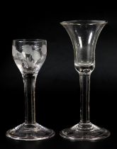 AN 18TH CENTURY WINE GLASS, c1780, the ogee bowl etched with flower and leaves, on plain stem, domed