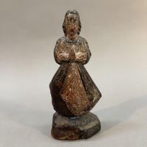 AN 18TH CENTURY SPANISH COLONIAL PRIMITIVE POLYCHROME CARVED SANTOS FIGURE, of the Virgin Mary