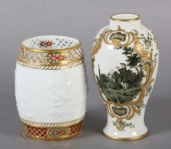 A GERMAN PORCELAIN BALUSTER VASE having a narrow neck, the body hand painted with a scene of a