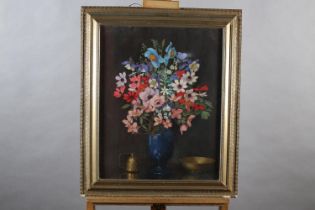 ARR GERDA GRENSIDE (1885-1961), Still life of summer flowers held in a blue glazed vase on a table
