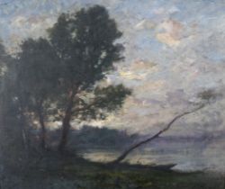 AFTER COROT (French, 19th Century), River landscape at dusk with moored punt and figure amongst